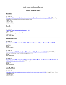 India Land Settlement Reports Indian Princely States