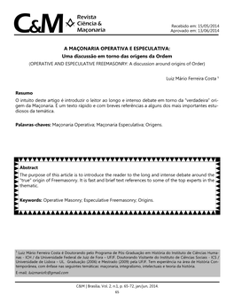 A MAÇONARIA OPERATIVA E ESPECULATIVA: Uma Discussão Em Torno Das Origens Da Ordem (OPERATIVE and ESPECULATIVE FREEMASONRY: a Discussion Around Origins of Order)