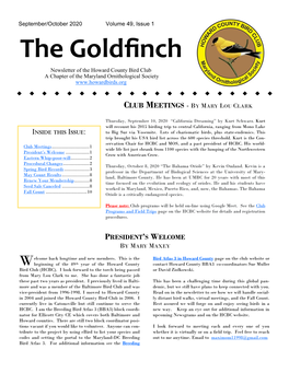 The Goldfinch Newsletter of the Howard County Bird Club a Chapter of the Maryland Ornithological Society