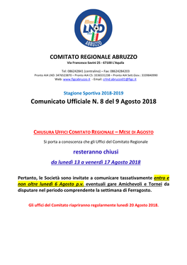 Comunicato Ufficiale N. 8 Del 9 Agosto 2018