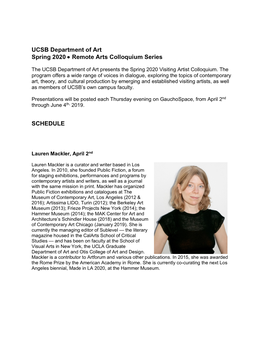 UCSB Department of Art Spring 2020 • Remote Arts Colloquium Series