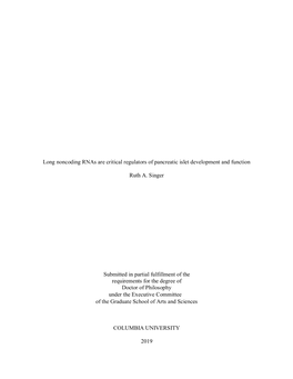 Long Noncoding Rnas Are Critical Regulators of Pancreatic Islet Development and Function