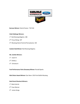 78 F150 Club Challenge Winners: 1St: Red Mustang Registry- 198 2Nd: Focus Rising