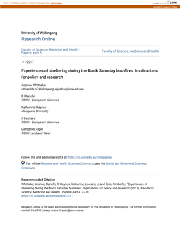 Experiences of Sheltering During the Black Saturday Bushfires: Implications for Policy and Research