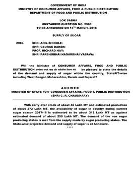 Government of India Ministry of Consumer Affairs, Food & Public Distribution Department of Food and Public Distribution