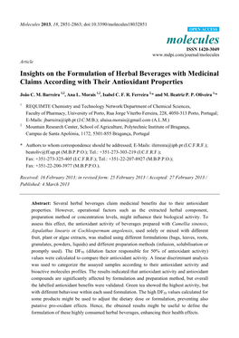 Insights on the Formulation of Herbal Beverages with Medicinal Claims According with Their Antioxidant Properties