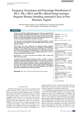 Frequency Occurrence and Percentage Distribution of Rh C, Rh C, Rh E and Rh E Blood Group Amongst Pregnant Women Attending Antenatal Clinic in Port Harcourt, Nigeria