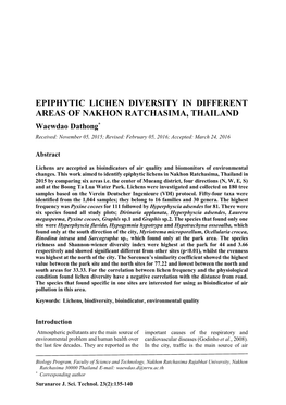 Epiphytic Lichen Diversity in Different Areas of Nakhon