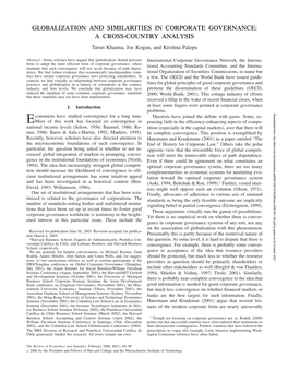 GLOBALIZATION and SIMILARITIES in CORPORATE GOVERNANCE: a CROSS-COUNTRY ANALYSIS Tarun Khanna, Joe Kogan, and Krishna Palepu