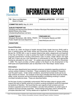 Smoking and Second-Hand Smoke in Outdoor Municipal Recreational Areas in Hamilton BOH07034(D) (City Wide) (Outstanding Business List Item)