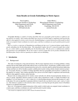 Some Results on Greedy Embeddings in Metric Spaces