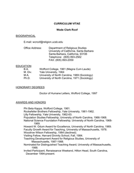 CURRICULUM VITAE Wade Clark Roof BIOGRAPHICAL E-Mail