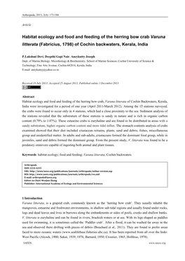 Habitat Ecology and Food and Feeding of the Herring Bow Crab Varuna Litterata (Fabricius, 1798) of Cochin Backwaters, Kerala, India