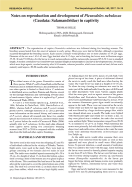 Notes on Reproduction and Development of Pleurodeles Nebulosus (Caudata: Salamandridae) in Captivity