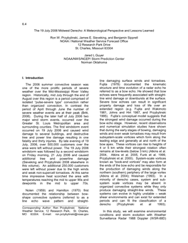 6.4 the 19 July 2006 Midwest Derecho: a Meteorological Perspective and Lessons Learned Ron W. Przybylinski, James E. Sieveking