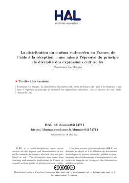 La Distribution Du Cinéma Sud-Coréen En France, De L'aide À La