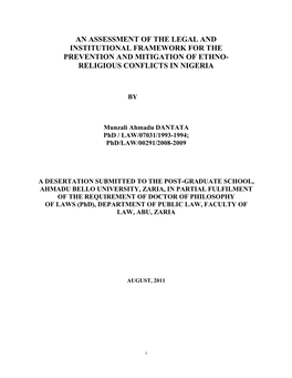 An Assessment of the Legal and Institutional Framework for the Prevention and Mitigation of Ethno- Religious Conflicts in Nigeria