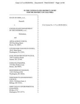 IN the UNITED STATES DISTRICT COURT for the DISTRICT of COLUMBIA ______) STATE of OHIO, Et Al., ) ) Plaintiff, ) ) V