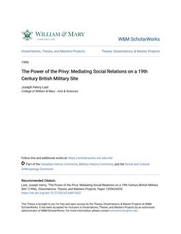 The Power of the Privy: Mediating Social Relations on a 19Th Century British Military Site