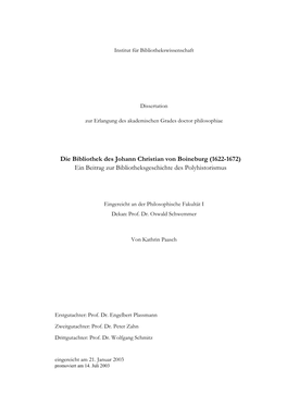 Die Bibliothek Des Johann Christian Von Boineburg (1622-1672) Ein Beitrag Zur Bibliotheksgeschichte Des Polyhistorismus