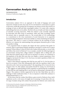 Conversation Analysis (CA) GIOVANNI ROSSI University of California-Los Angeles, USA