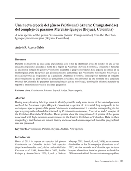 Una Nueva Especie Del Género Pristimantis (Anura: Craugastoridae) Del Complejo De Páramos Merchán-Iguaque (Boyacá, Colombia)