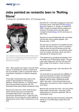 Jobs Painted As Romantic Teen in 'Rolling Stone' 13 October 2011, by RACHEL METZ , AP Technology Writer