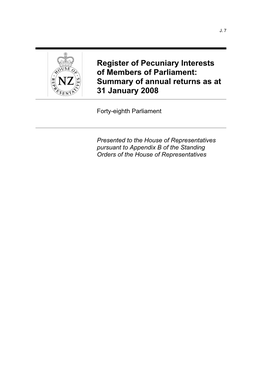 Register of Pecuniary Interests of Members of Parliament: Summary of Annual Returns As at 31 January 2008