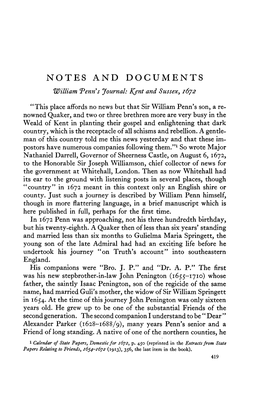 NOTES and DOCUMENTS William Venn's Journal: Kjnt and Sussex, 1672