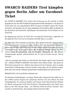 SWARCO RAIDERS Tirol Kämpfen Gegen Berlin Adler Um Eurobowl- Ticket