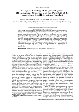 Biology and Ecology of Anagrus Takeyanus (Hymenoptera: Mymaridae)., an Egg Parasitoid of the Azalea Lace Bug (Heteroptera: Tingidae)