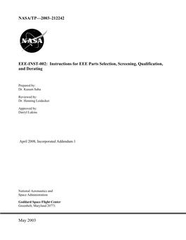 EEE-INST-002: Instructions for EEE Parts Selection, Screening, Qualification, and Derating