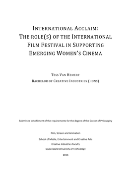 OF the INTERNATIONAL FILM FESTIVAL in SUPPORTING EMERGING Womenss CINEMA