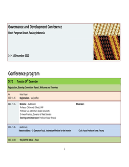 Conference Program DAY 1 Tuesday 14Th December Registration, Steering Committee Report, Welcome and Keynotes