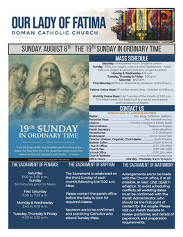 Sunday, August 8Th - the 19Th Sunday in Ordinary Time MASS SCHEDULE Saturday - Anticipated 4 P.M