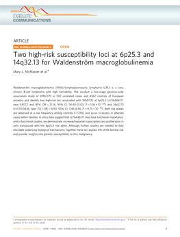 Two High-Risk Susceptibility Loci at 6P25.3 and 14Q32.13 for Waldenström Macroglobulinemia