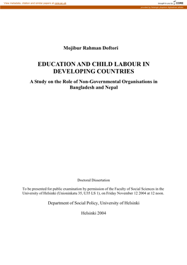 EDUCATION and CHILD LABOUR in DEVELOPING COUNTRIES a Study on the Role of Non-Governmental Organisations in Bangladesh and Nepal