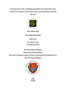 Overexpression of the Arabidopsis Glutathione Peroxidase-Like 5 Gene (Atgpxl5) Resulted in Altered Redox Status, Plant Development and Salt Tolerance