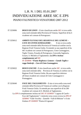 Individuazione Aree Sic E Zps Piano Faunistico-Venatorio 2007-2012