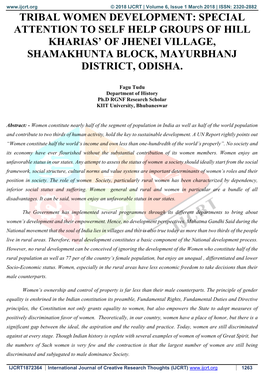 Tribal Women Development: Special Attention to Self Help Groups of Hill Kharias’ of Jhenei Village, Shamakhunta Block, Mayurbhanj District, Odisha