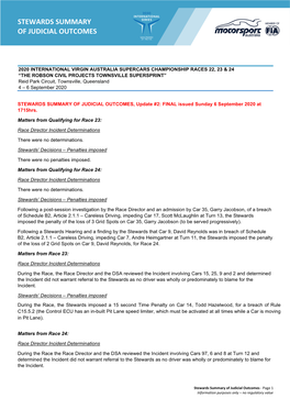 Stewards Summary of Judicial Outcomes