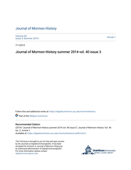Journal of Mormon History Summer 2014 Vol. 40 Issue 3