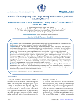 Patterns of Pre-Pregnancy Care Usage Among Reproductive Age Women in Kedah, Malaysia