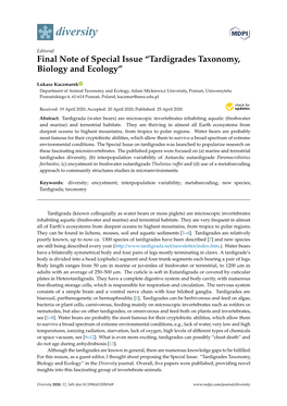 Tardigrades Taxonomy, Biology and Ecology”