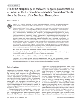 Hindlimb Morphology of Palaeotis Suggests Palaeognathous Affinities of the Geranoididae and Other “Crane-Like” Birds from the Eocene of the Northern Hemisphere