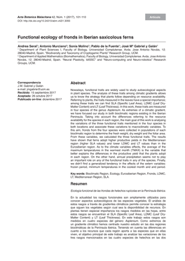 Functional Ecology of Fronds in Iberian Saxicolous Ferns