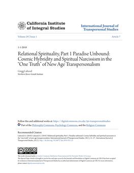 Cosmic Hybridity and Spiritual Narcissism in the “One Truth” of New Age Transpersonalism Gregg Lahood Northern Rivers Gestalt Institute