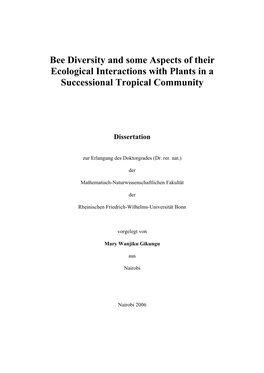 Bee Diversity and Some Aspects of Their Ecological Interactions with Plants in a Successional Tropical Community