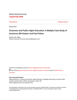 Governors and Public Higher Education: a Multiple Case Study of Governors Bill Haslam and Paul Patton