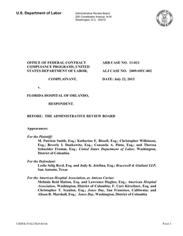 OFCCP V. Florida Hospital of Orlando, ARB No. 11-011, ALJ No. 2009